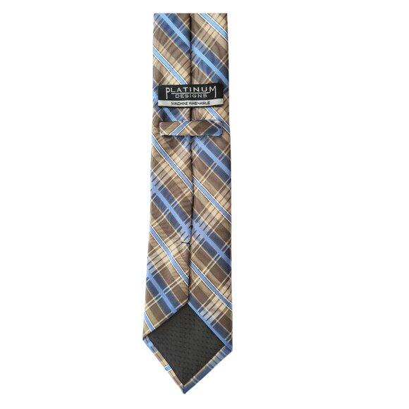 PLATINUM DESIGNS Tan & Blue Plaid 100% Polyester Handmade Tie - Men's OS - Picture 5 of 5